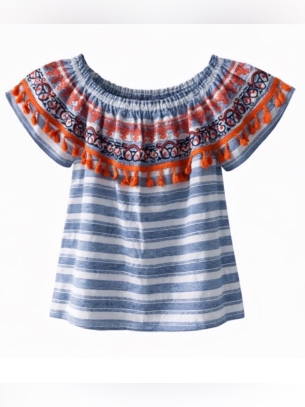 THML Blue & White Striped Off-Shoulder Embroidered Tassel Top XS